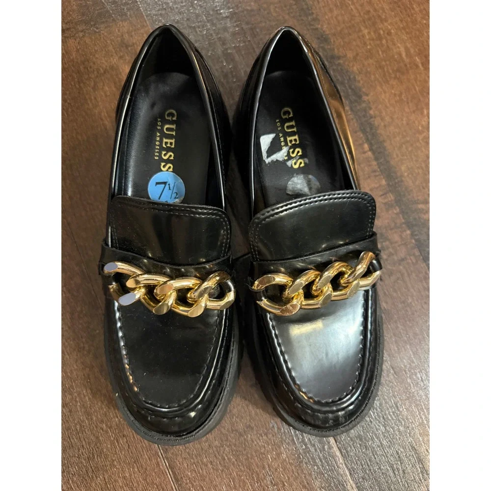 Guess Platform Lug Sole Loafers 7.5 Black Gold Chain Chunky Slip On Shoes retro